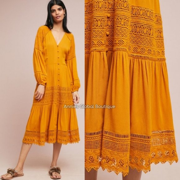 RARE NWT ANTHROPOLOGIE Golden Peasant Embroidered Maxi Dress. Size 4 - Picture 6 of 16